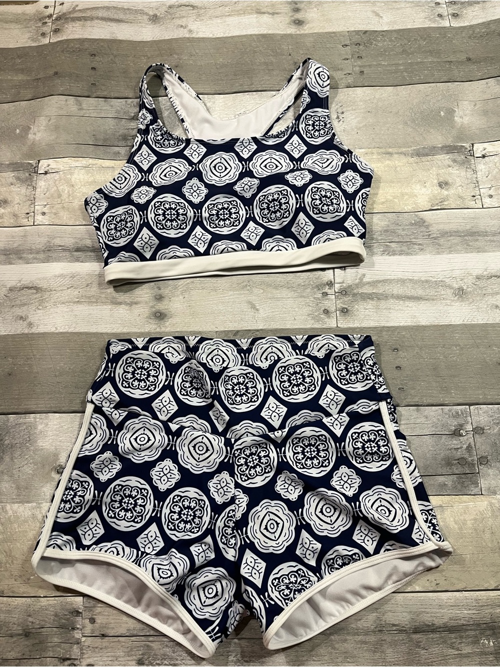 Navy & White Patterned Athletic Crop Top + High-Waist Shorts Set